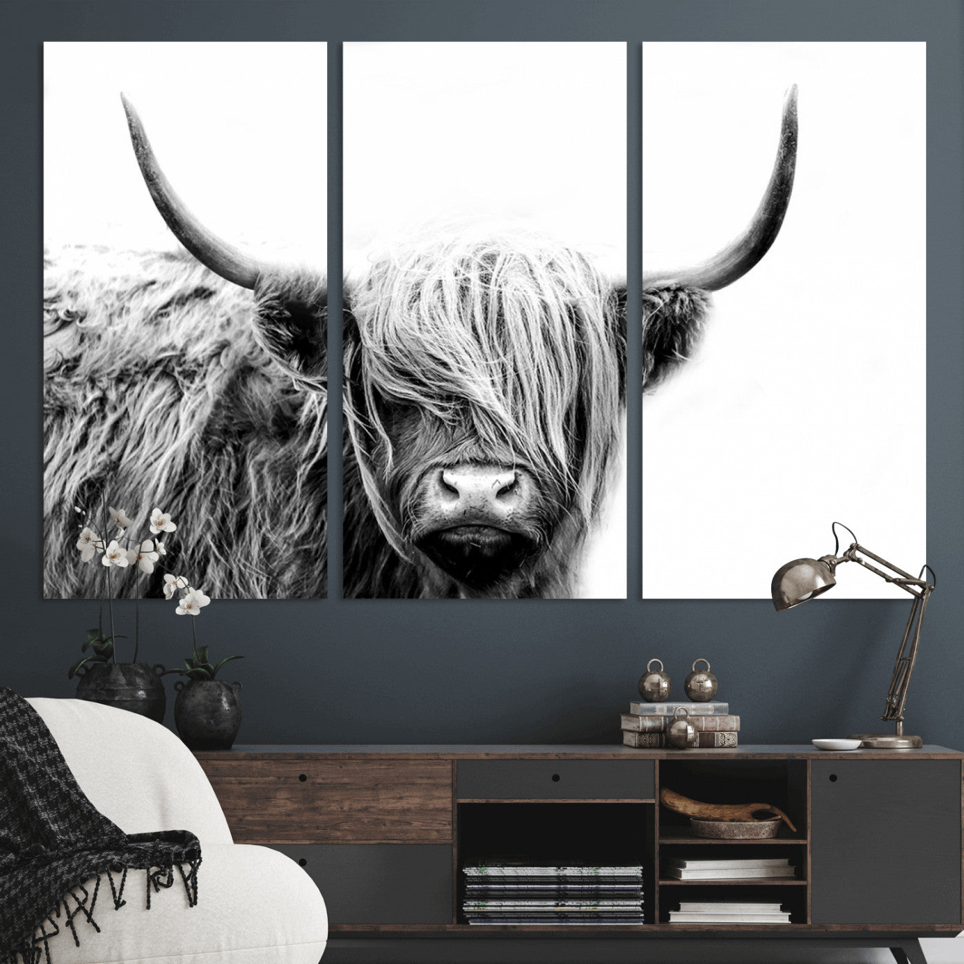 MGV-CV-48X32-3P - Black White Scottish Highland Cow Cattle Art Print Farmhouse Wall Art Canvas Print