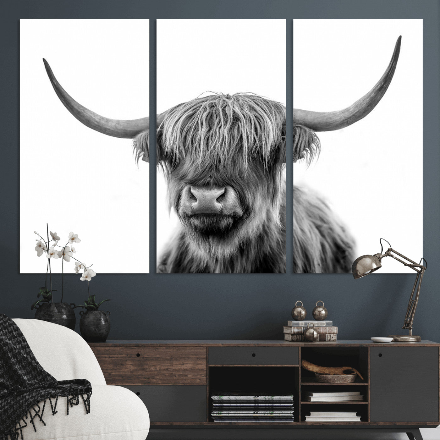 MGV-CV-48X32-3P - Grayscale Scottish Highland Cow Cattle Art Print Farmhouse Wall Art Canvas Print