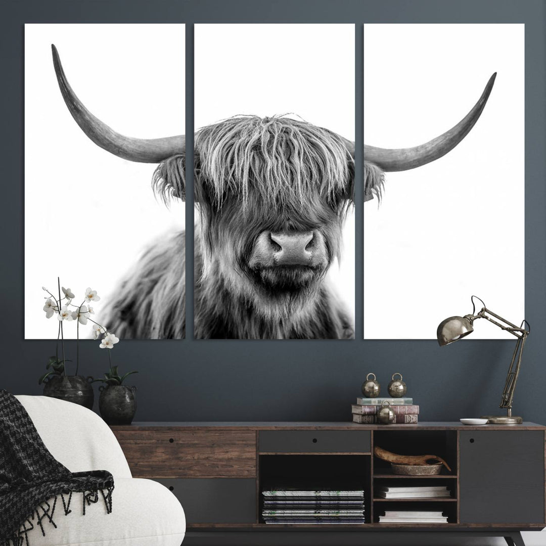 A Scottish Highland Cow Art Canvas adds charm to the farmhouse decor.