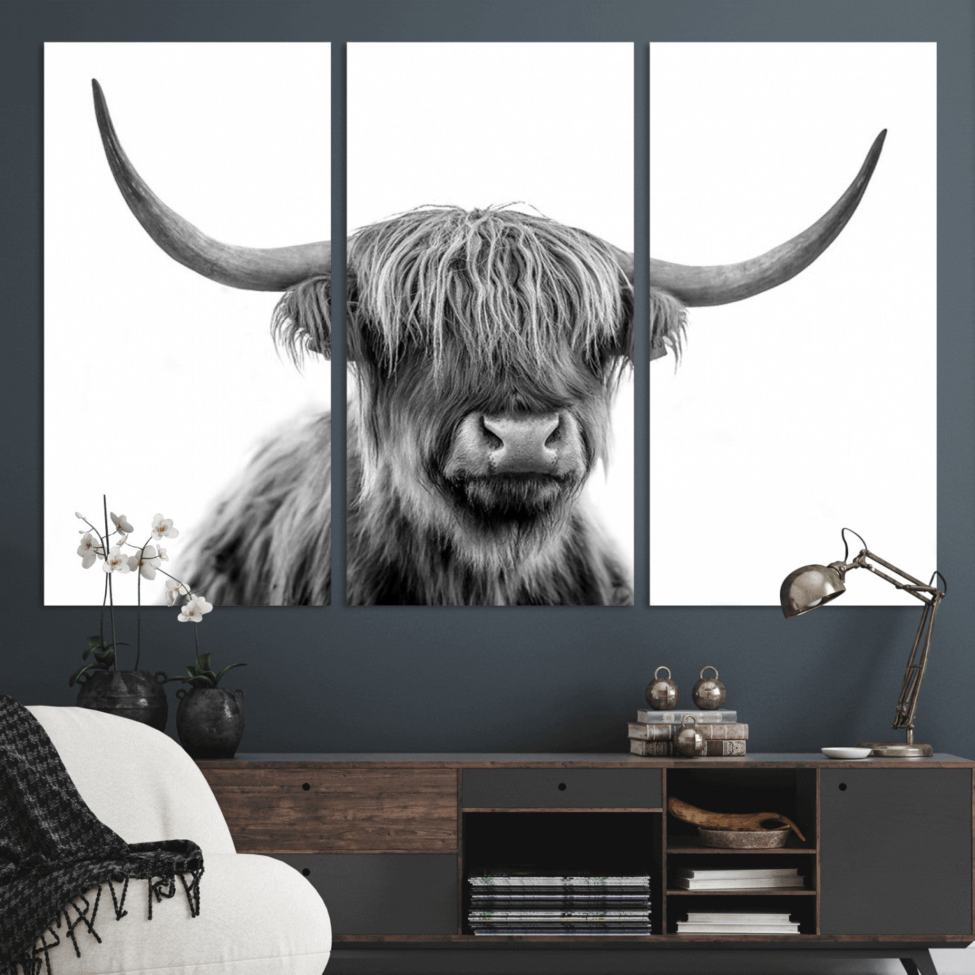 MGV-CV-48X32-3P - Scottish Highland Cow Cattle Art Print Wall Art Canvas Print for Farmhouse Decor, Framed Scottish