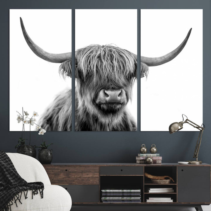 A Scottish Highland Cow Art Canvas adds charm to the farmhouse decor.