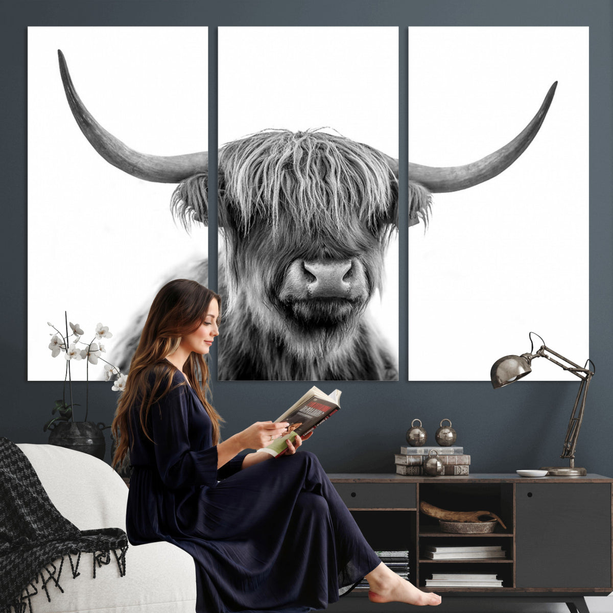 75503-_Poster-30x20 - Scottish Highland Cow Cattle Art Print Wall Art Canvas Print for Farmhouse Decor, Framed Scottish
