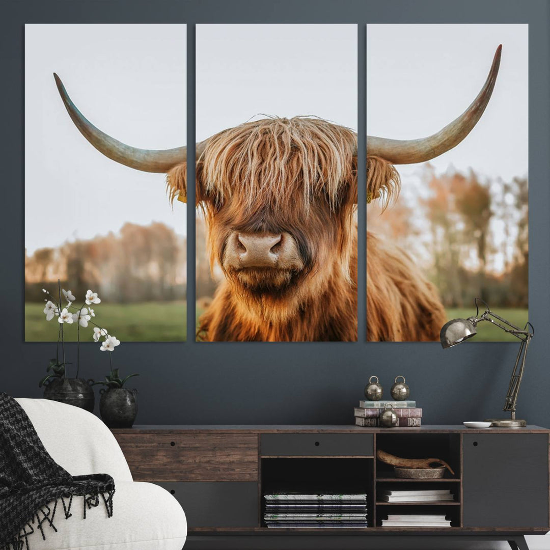 A dining room featuring a Highland Cow Animal Scottish Cattle canvas.