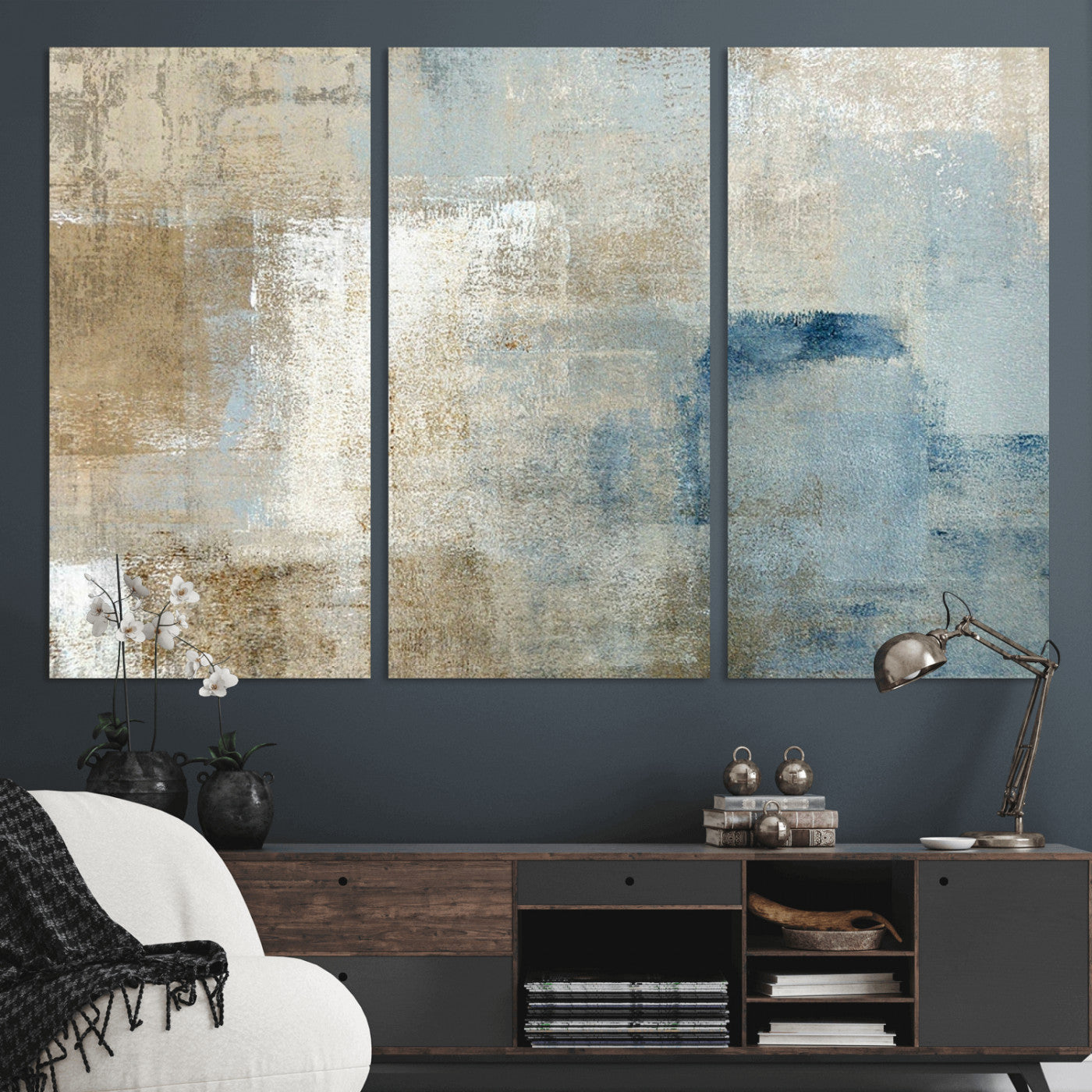 MGV-CV-48X32-3P - Abstract Blue and Beige Wall Art, Modern Minimalist Canvas Print Set, Giclee Textured Art, Large Multi-Panel Artwork for Living Room