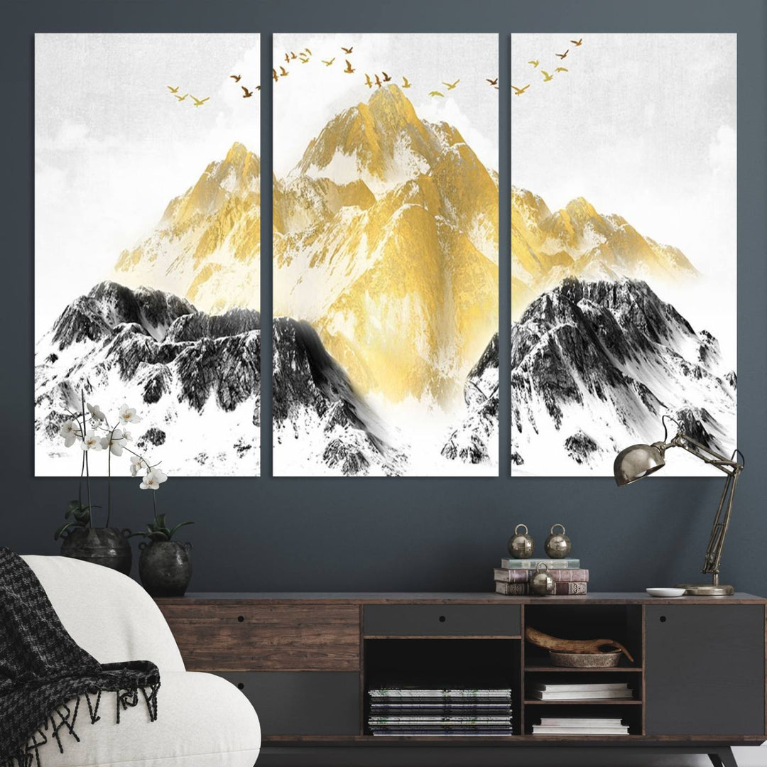 Golden Mountain Triptych Wall Art features gold-tinted mountains and birds.