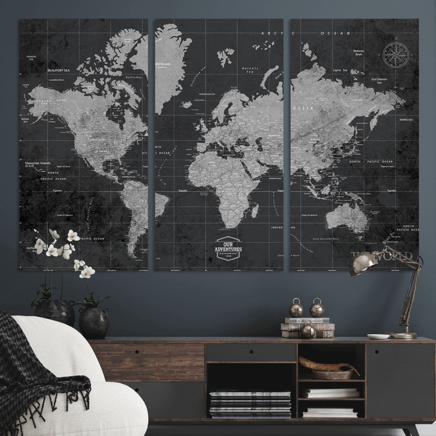 MGV-CV-48X32-3P - Push Pin World Map Canvas Print – Framed Wall Art for Couples to Track Their Travels – Anniversary