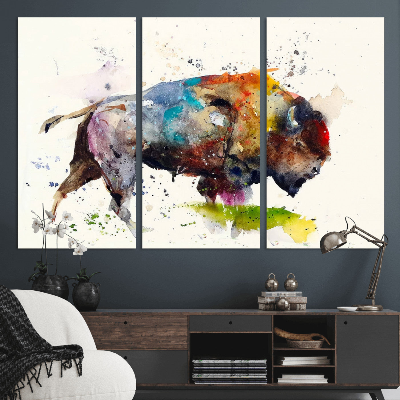 MGV-CV-48X32-3P - Abstract Buffalo Wall Art, Western Watercolor Bison Canvas Print, Rustic Buffalo Art for Cowboy and Western Decor, Large Multi-Panel Giclee Canvas