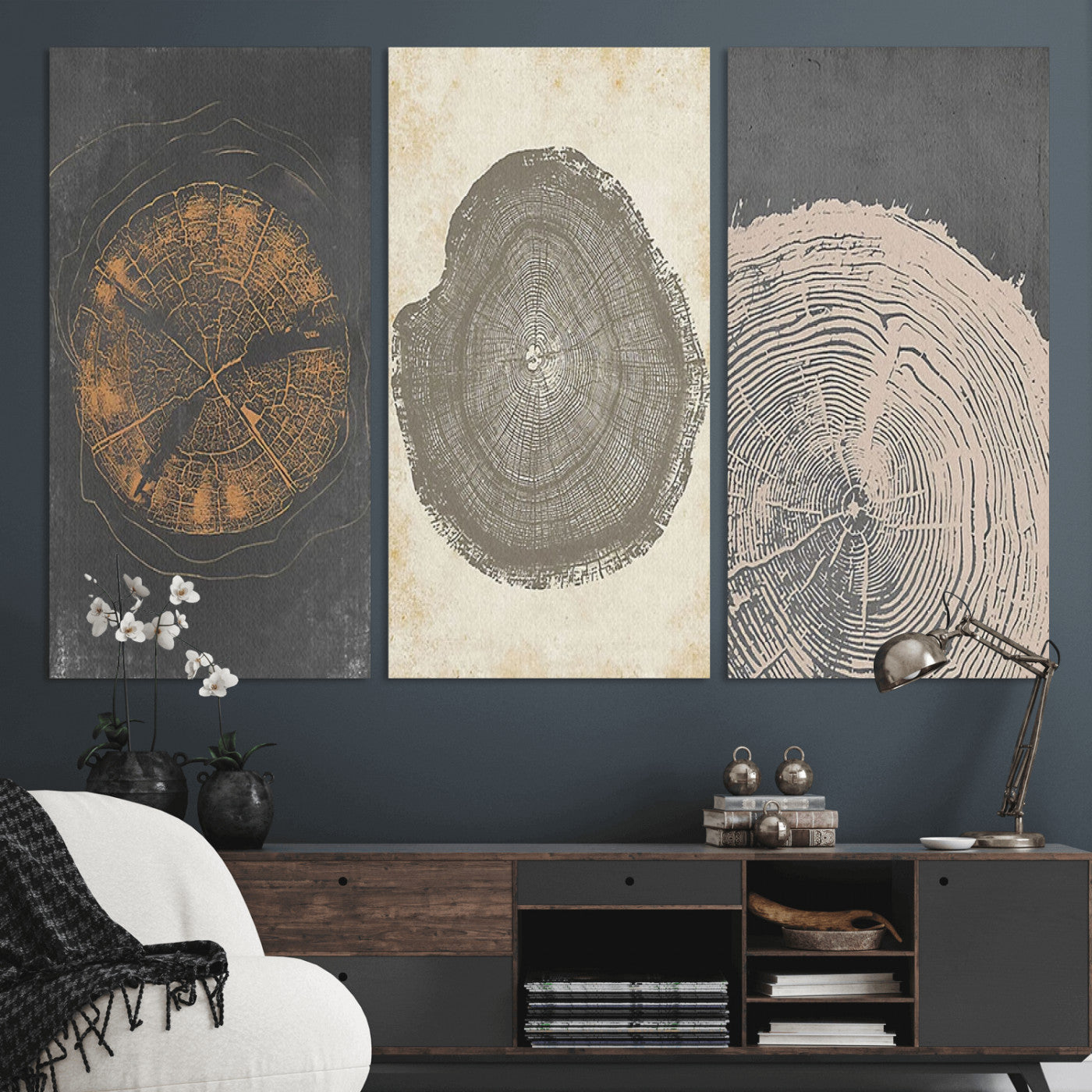 MGV-CV-48X32-3P - Boho Tree Ring Wall Art, Modern Minimalist Wood Grain Canvas, Tree Slice for Rustic Decor, Farmhouse Decor Giclee Canvas Print, Tree Ring Canvas Set