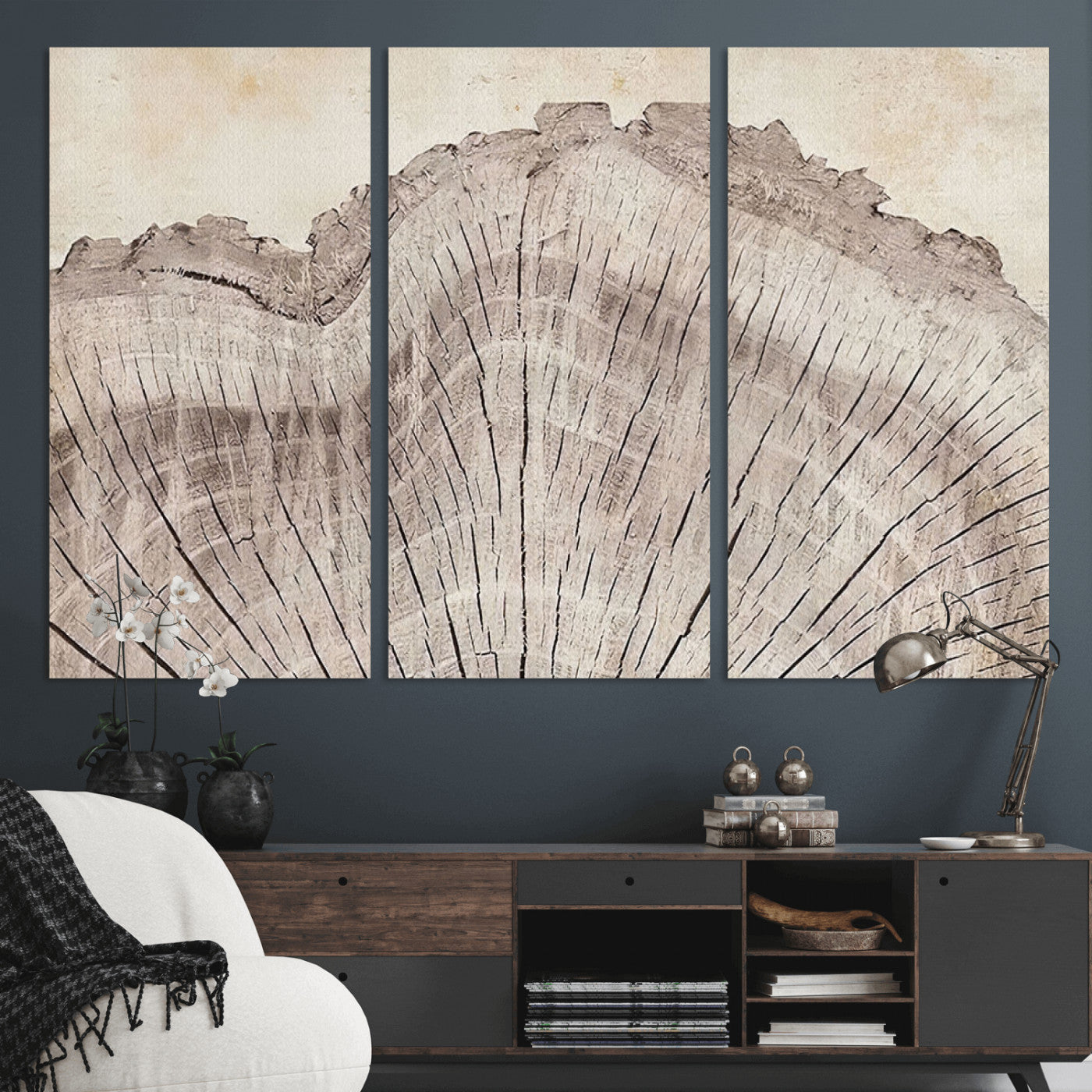 MGV-CV-48X32-3P - Tree Ring Wall Art Triptych, Rustic Wood Ring Canvas Print, Minimalist Wall Decor for Modern Homes and Farmhouse Decor