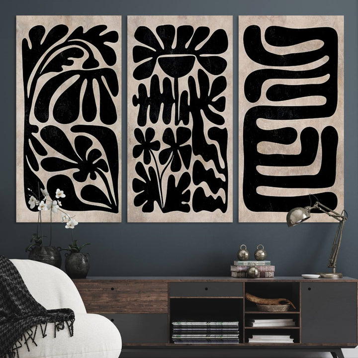 Canvas Print Wall Art Abstract Illustrs Art Boho features bold black patterns on a light background.