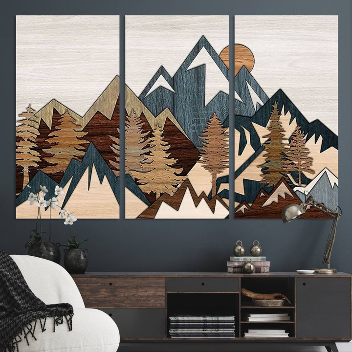 A Woodland Mountain Landscape Triptych serves as the centerpiece of the rustic decor.