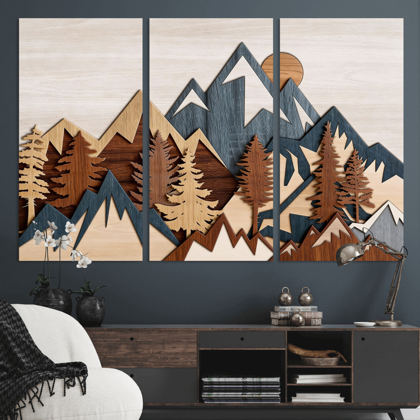 67950-MGV-CV-36X24 - Rustic Abstract Wood Panel Effect Canvas Mountain Range Top Wood Wall Art Canvas Print