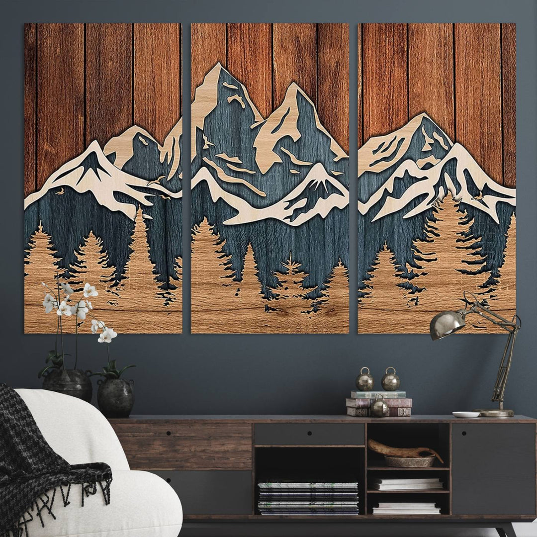 Rustic Wood Style Mountain Wall Art hangs on the wall.