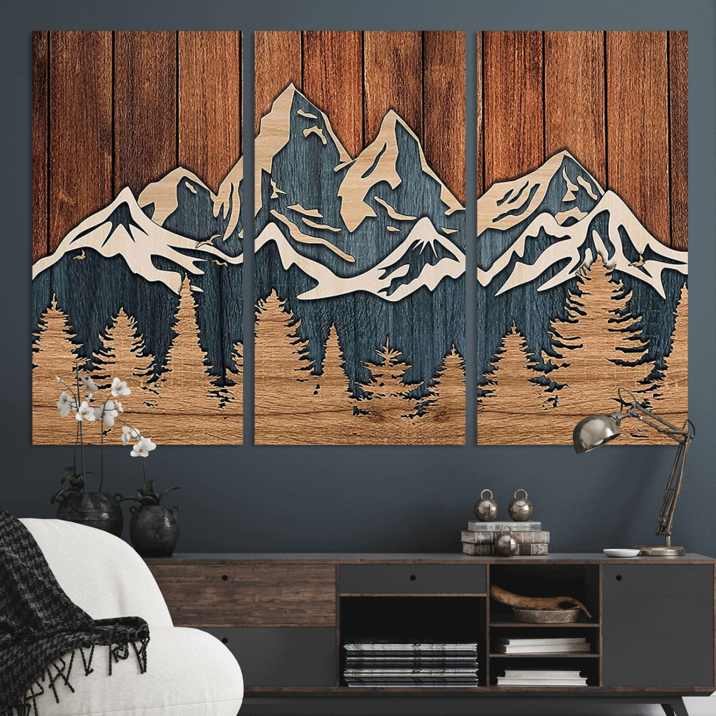 MGV-CV-48X32-3P - Rustic Wood Style Mountain Wall Art, Nature Forest Canvas Print, Wooden Textured Mountain Artwork, Handcrafted Landscape Decor for Farmhouse Decor