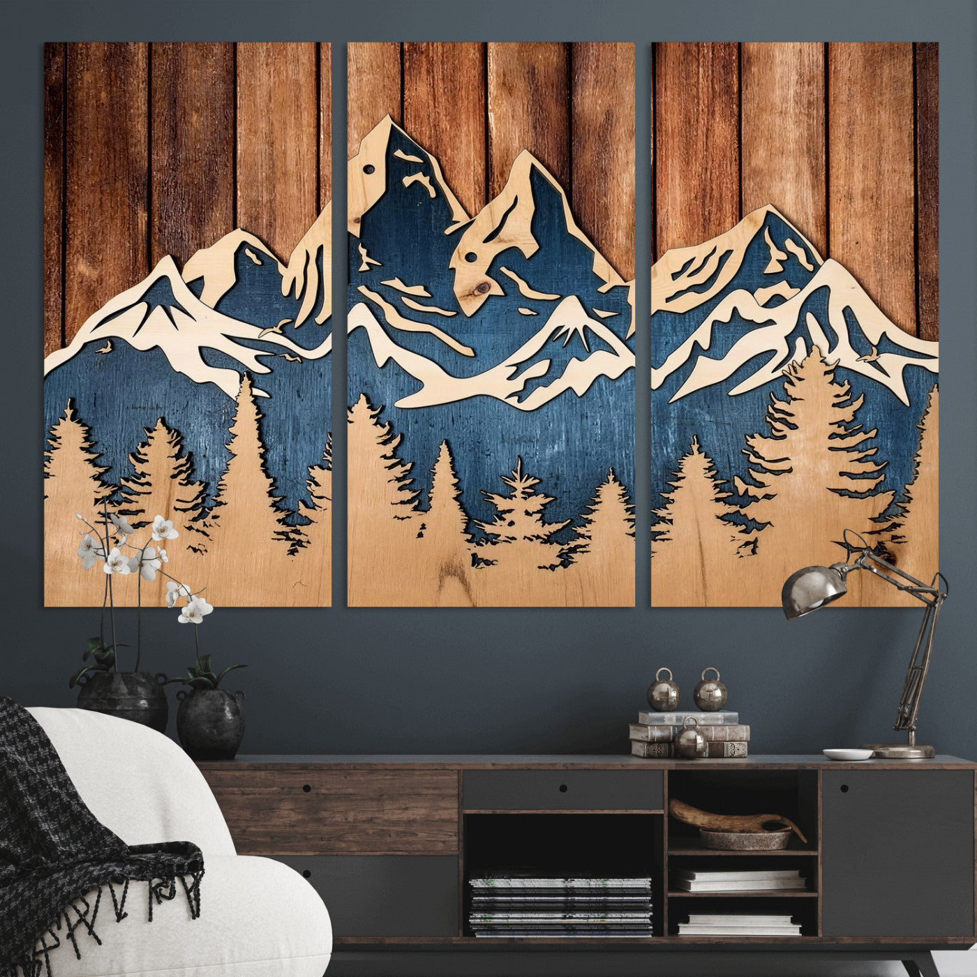 41330-MGV-CV-36X24 - Rustic Wood Style Mountain Wall Art, Nature Forest Canvas Print, Wooden Textured Mountain Artwork Print
