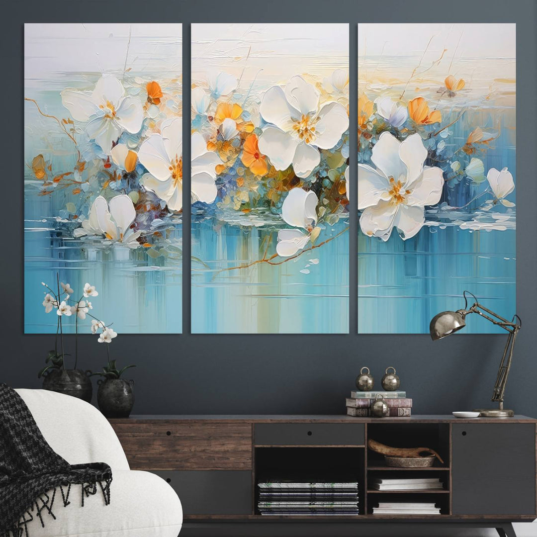 An Abstract Flower Wall Art Canvas Print in blue and orange hues.