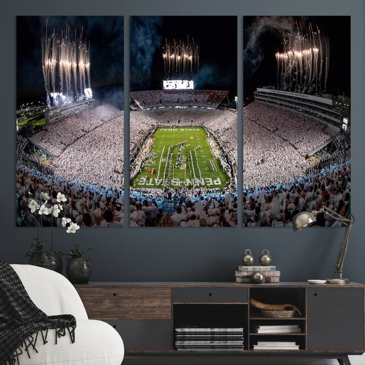 The perfect Penn State Football canvas wall art features a depiction of Beaver Stadium filled with fans in white, with fireworks exploding above.