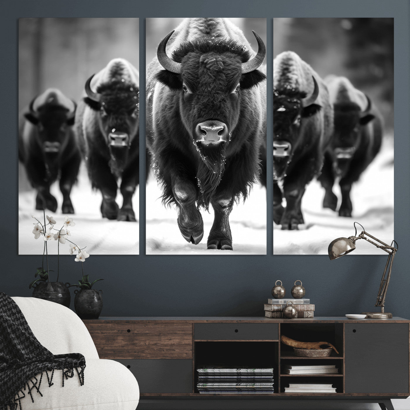 MGV-CV-48X32-3P - American Bison Art | Buffalo Herd Wall Art Canvas Print, BW American Bison Herd Wall Art Canvas Print