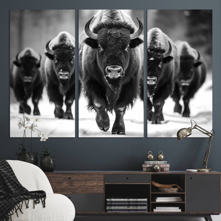 A black and white American Bison herd canvas print adorns the wall.