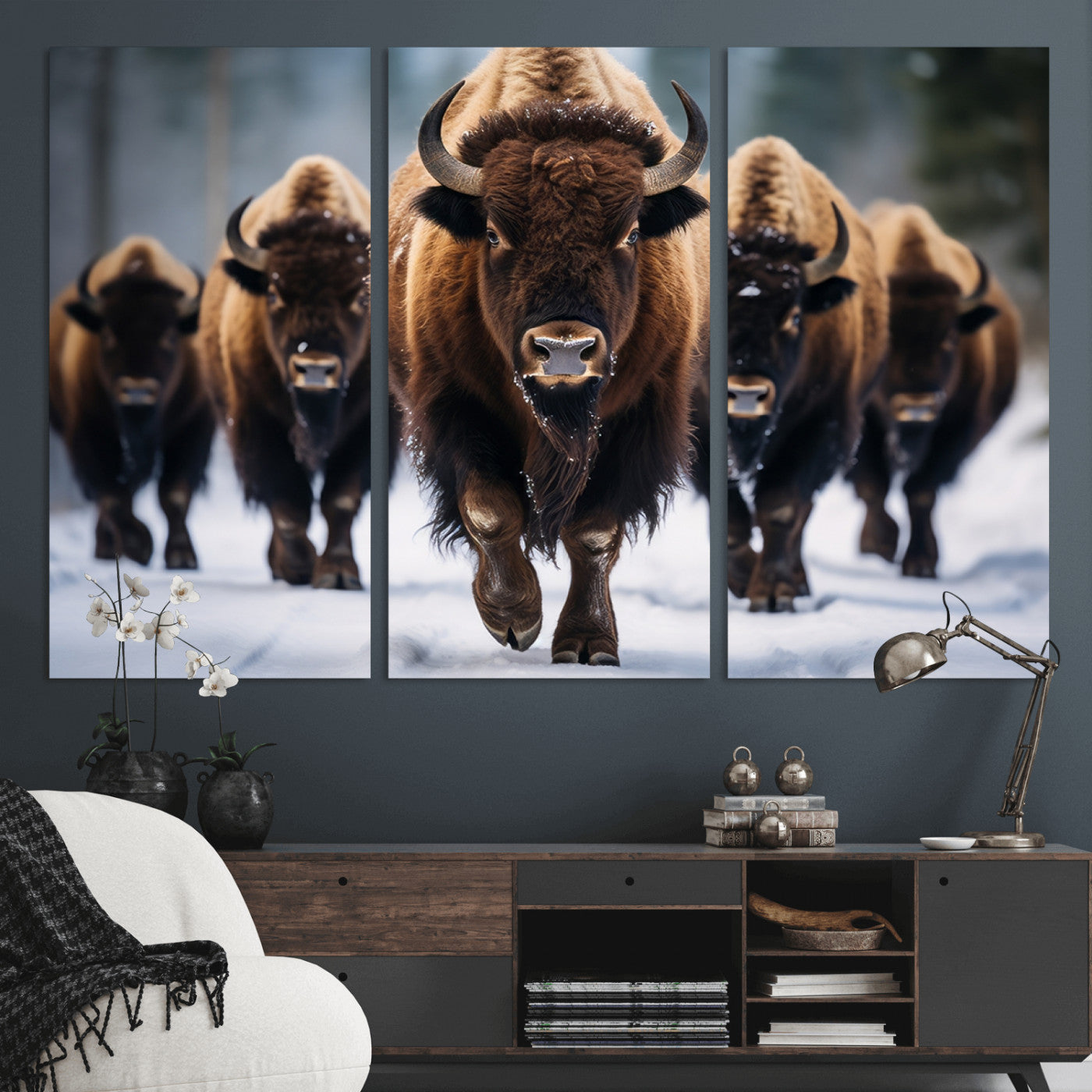 MGV-CV-48X32-3P - Buffalo Wall Art Canvas Print, American Bison Herd Wall Art Canvas Print - Bison Canvas Print