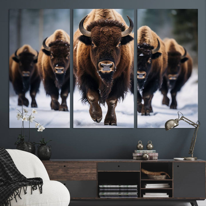 The dining room features an American Bison Herd Canvas Print against the snow.