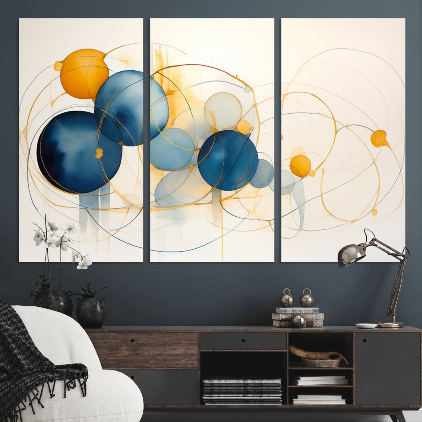 -Geometric Blue Orange Abstract Wall Art Canvas, Geometric Blue Orange Canvas Print