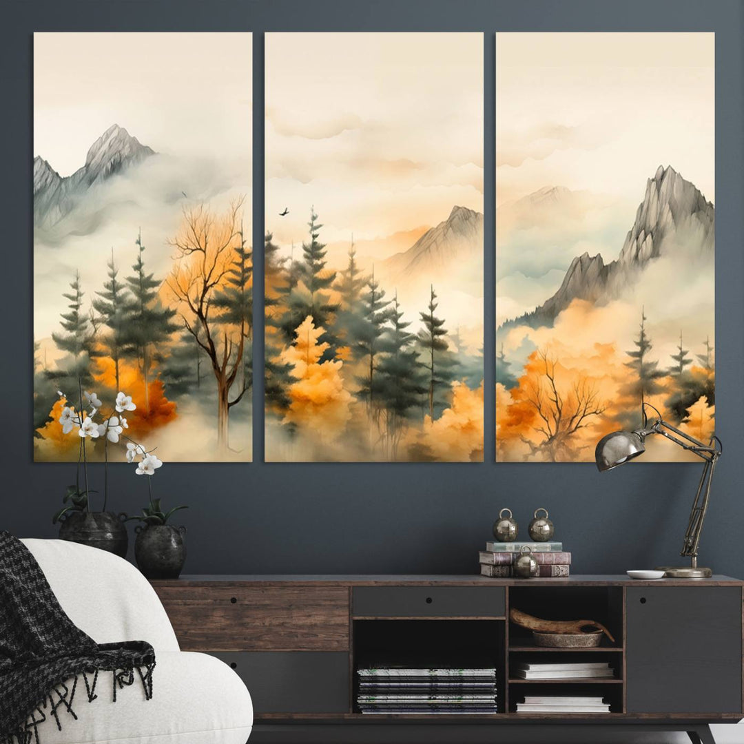 A wall art of Abstract Watercolor Mountains and Trees Autumn on museum-quality canvas.