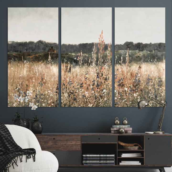 A dining room featuring the Abstract Wildflower Art Field Landscape Oil Painting Print.