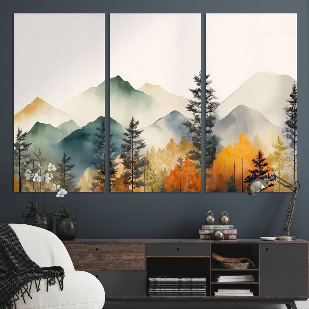 Abstract Watercolor Mountains and Trees Autumn Wall Art.