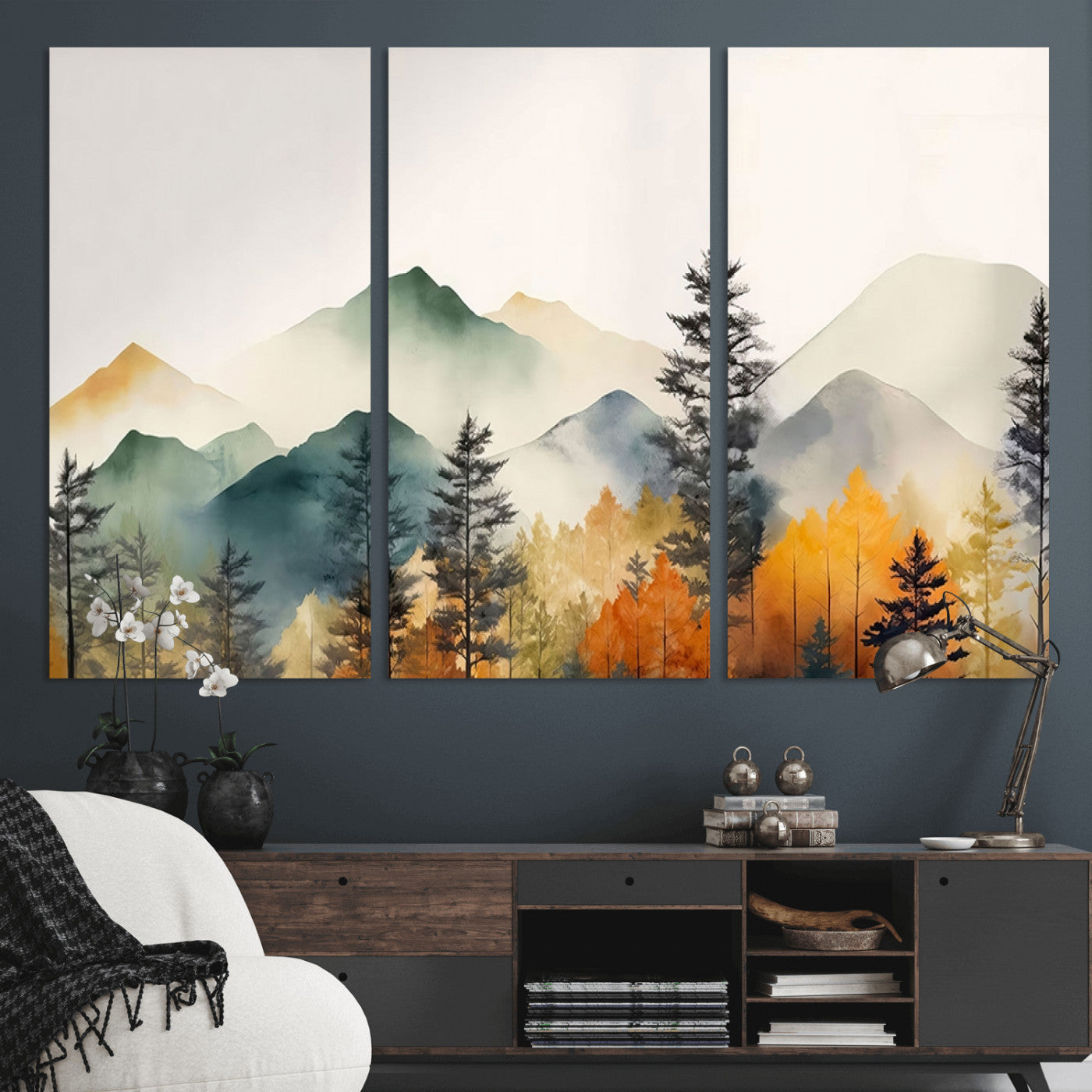 MGV-CV-48X32-3P - Abstract Watercolor Mountains and Trees Autumn Wall Art, Mountains and Trees Autumn Wall Art Canvas