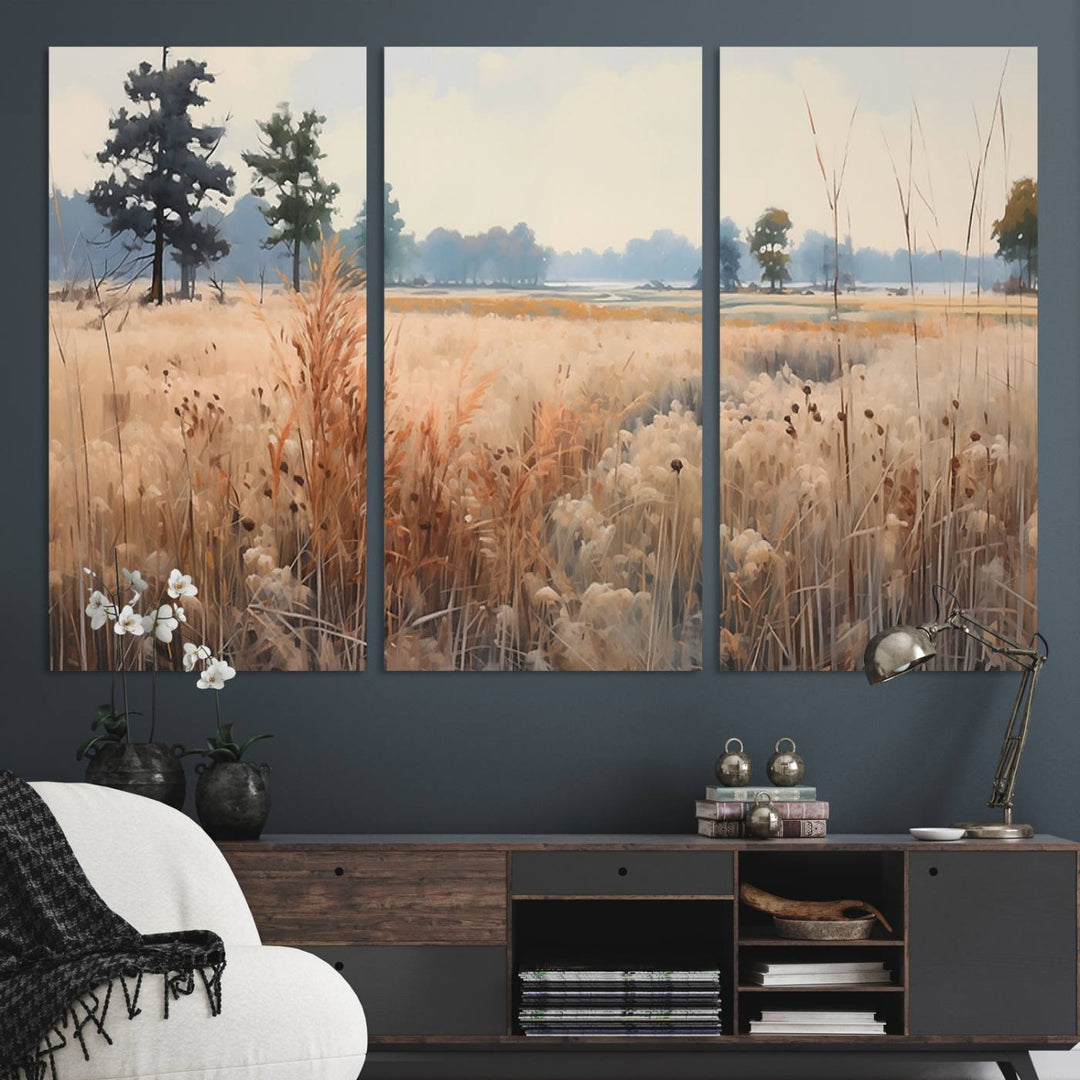 The Golden Fields Canvas Art Print, depicting a serene landscape, adds tranquility with its presence.