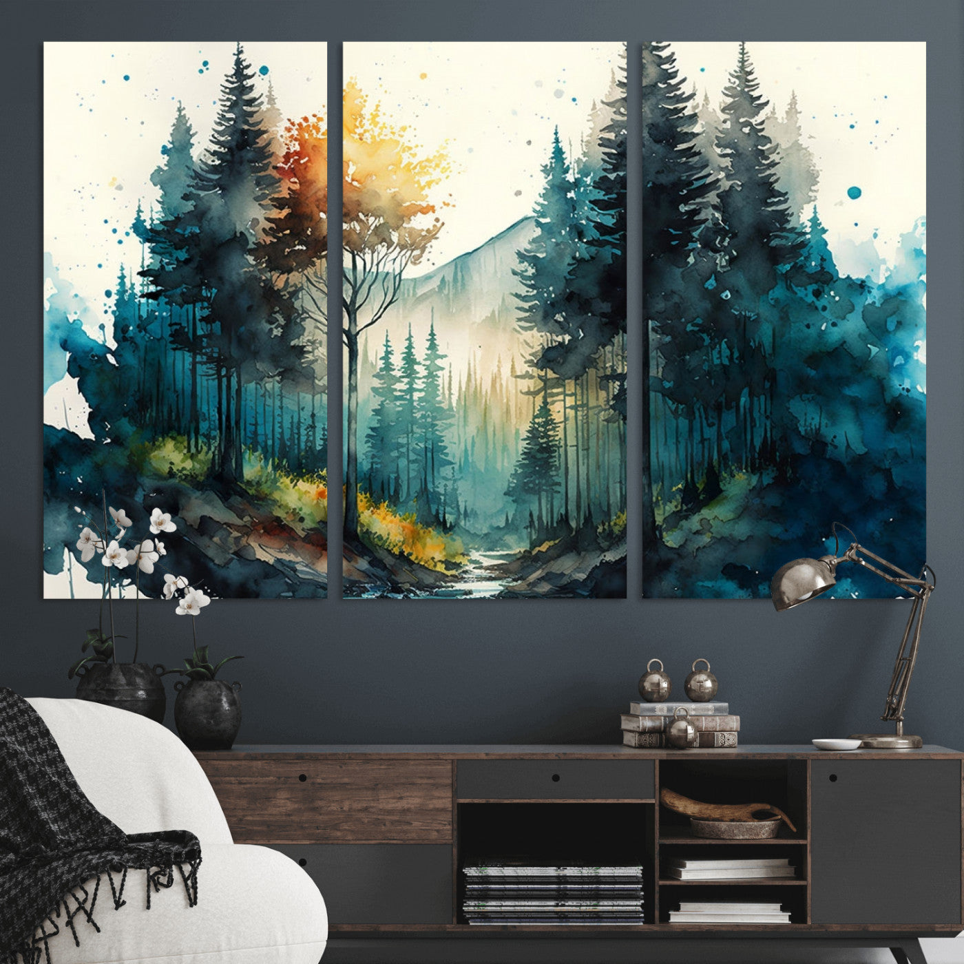 MGV-CV-48X32-3P - Watercolor Trees Forest Abstract Wall Art Canvas Print