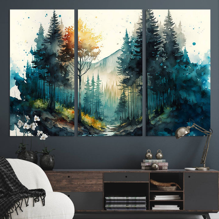 The Watercolor Trees Forest Abstract canvas print is displayed prominently.