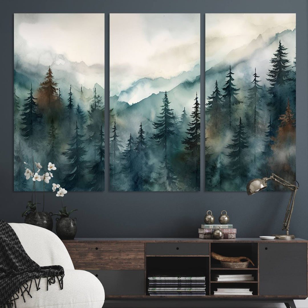 Serenity Forest Wall Art Canvas above the table adds a nature-inspired vibe to the space.