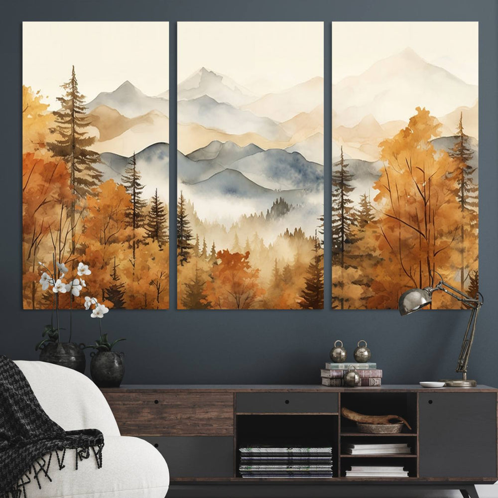 The wall is adorned with Golden Autumn Forest Wall Art.