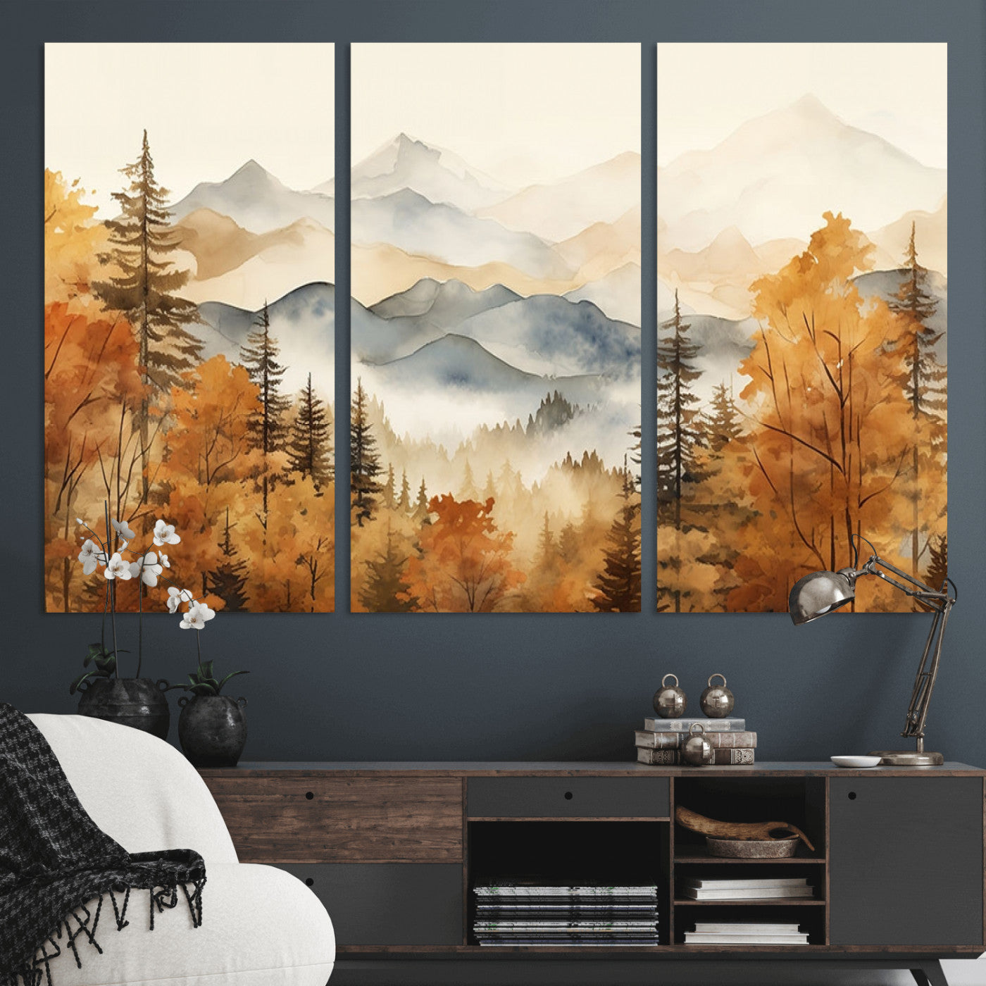 MGV-CV-48X32-3P - Golden Autumn Forest Wall Art | Mountain Landscape Canvas Print for Living Room or Bedroom | Large Wall Decor with Nature-Inspired Design