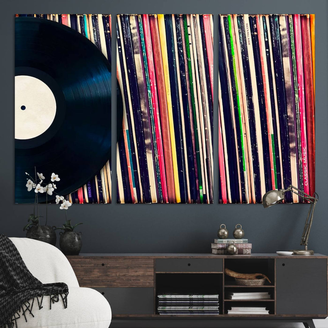 The Vinyl Record and Album Collection Canvas above the dining table enhances the modern kitchen, creating a perfect aesthetic for vintage vinyl lovers.