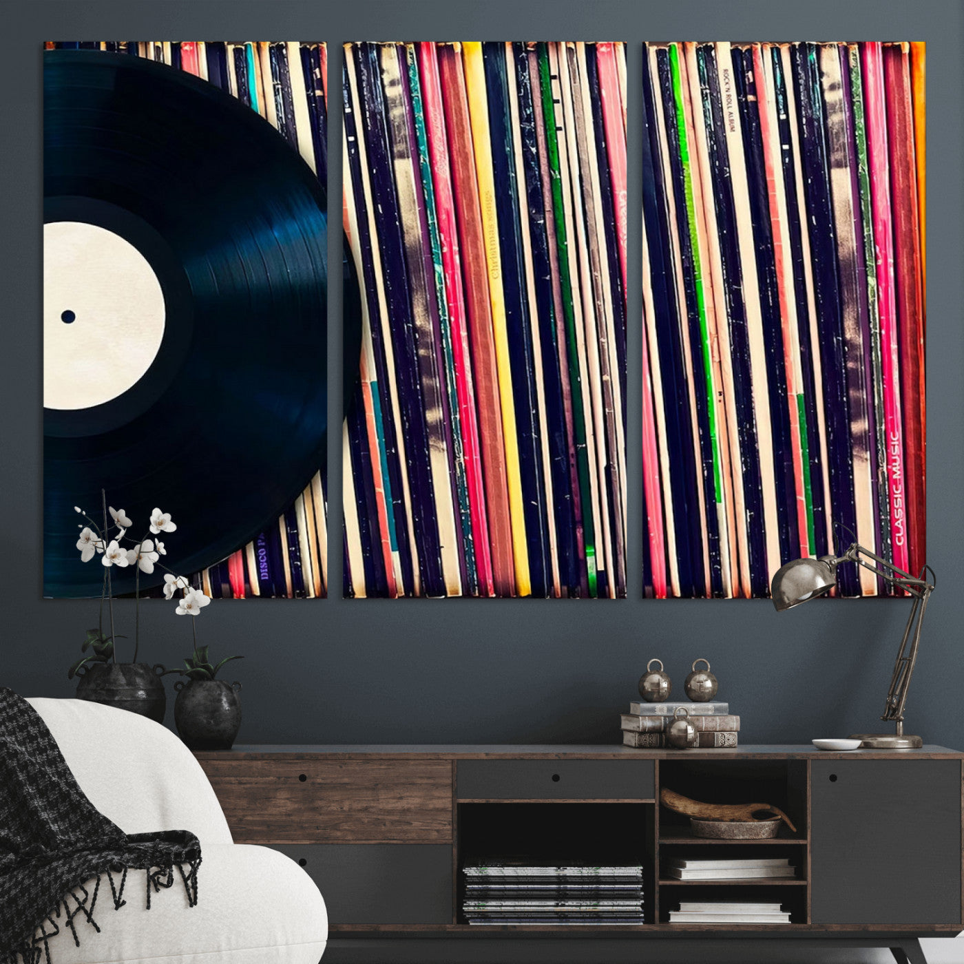 MGV-CV-48X32-3P - Vinyl Record and Album Collection Canvas Wall Art - Retro Music Decor for Living Room, Vintage Vinyl Lover’s Set