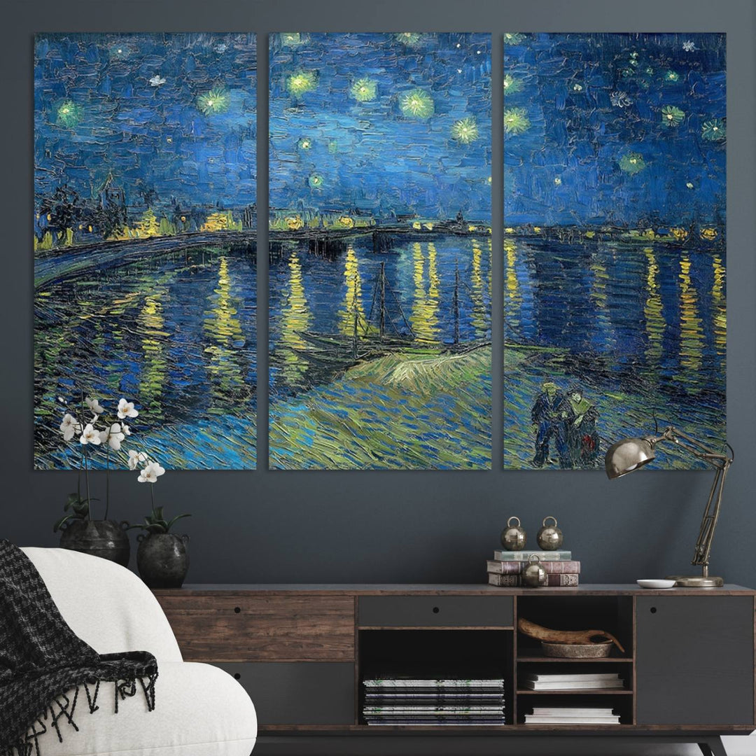 A Vincent van Gogh Starry Night over the Rhone canvas print is displayed on a porch.