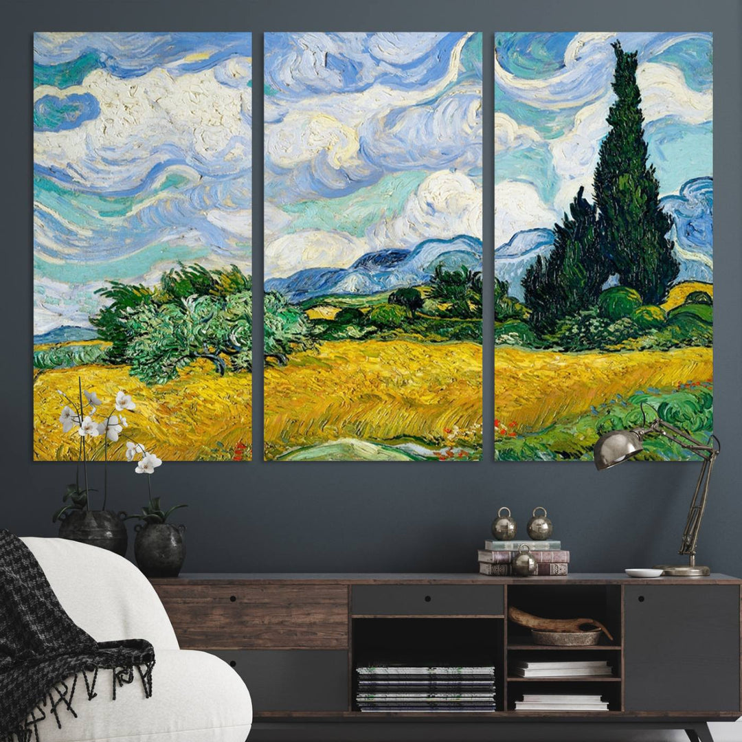 A kitchen featuring Wheatfield With Cypresses Van Gogh canvas wall art.