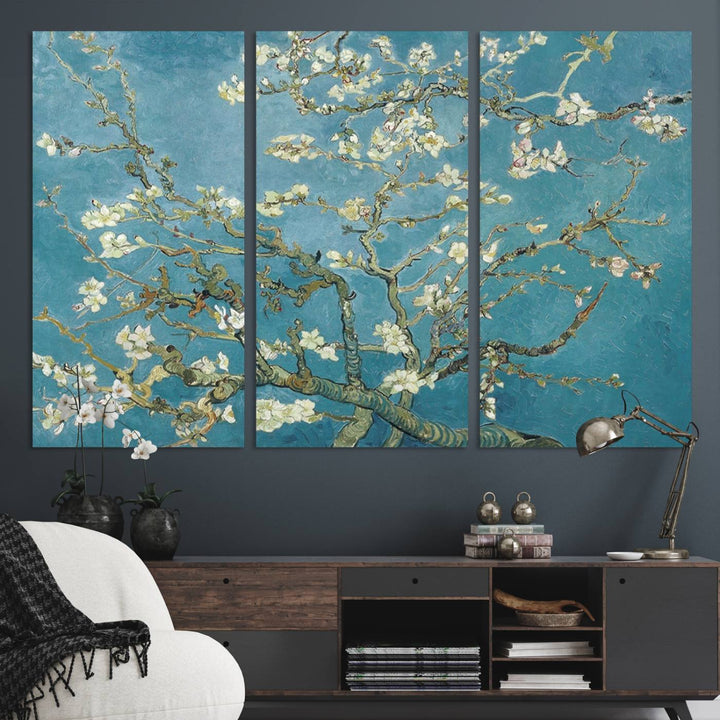 The wall art, Vincent Van Goghs Almond Blossom, stands out with its vibrant depiction against a serene blue background.