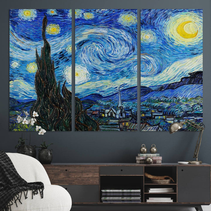 A canvas print of The Starry Night, offering museum-quality art, ready to hang.