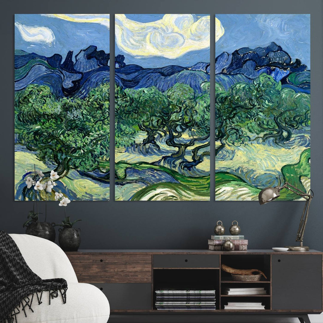 A museum-quality Olive Trees Van Gogh wall art canvas print, ready to hang.