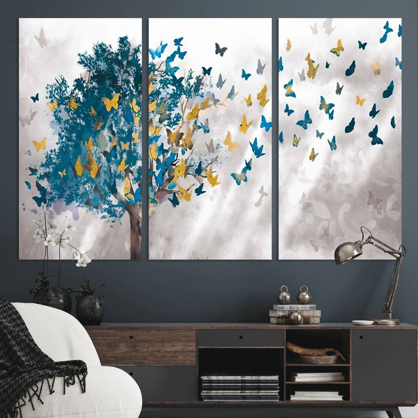 MGV-CV-48X32-3P - Tree Butterfly Abstract Tree and Butterfly Wall Art Canvas Print