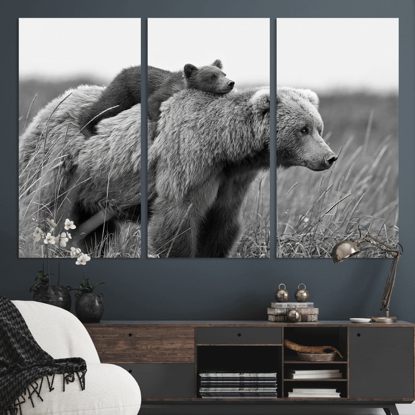 MGV-CV-48X32-3P - Bear and Cub Wall Art Canvas | 399 Bear Cub Wildlife-Inspired Animal Art for Living Room or Office | Grizzly Bear Print of Photography