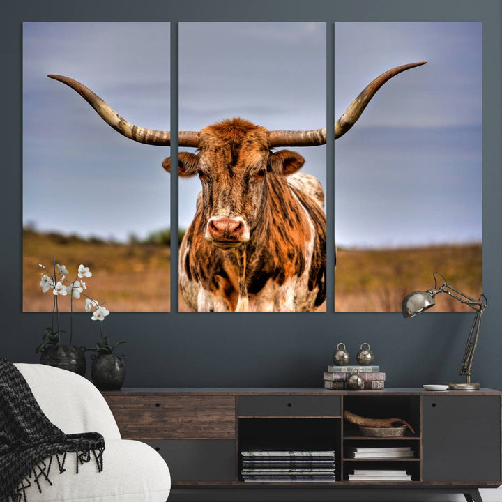 The Texas Longhorn Wall Art Print is displayed in a stylish living room.