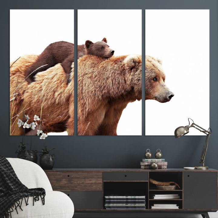 Mother and Baby Bear canvas: an adorable wildlife print displayed on a dark green wall.