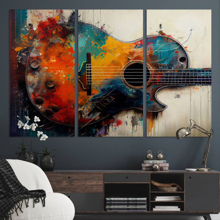 A vibrant guitar wall art canvas is mounted on the wall.