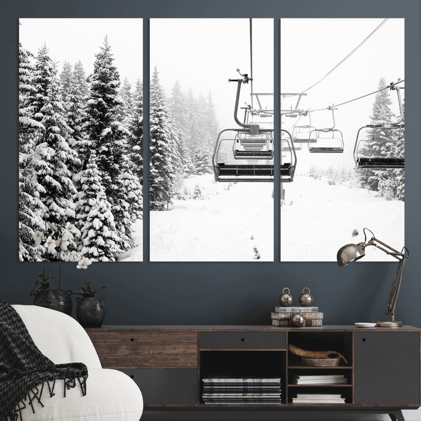 MGV-CV-48X32-3P - Ski Wall Art - Ski Lift Wall Art Canvas Print Snow Covered Spruce Trees Winter Wall Art Ski Skier