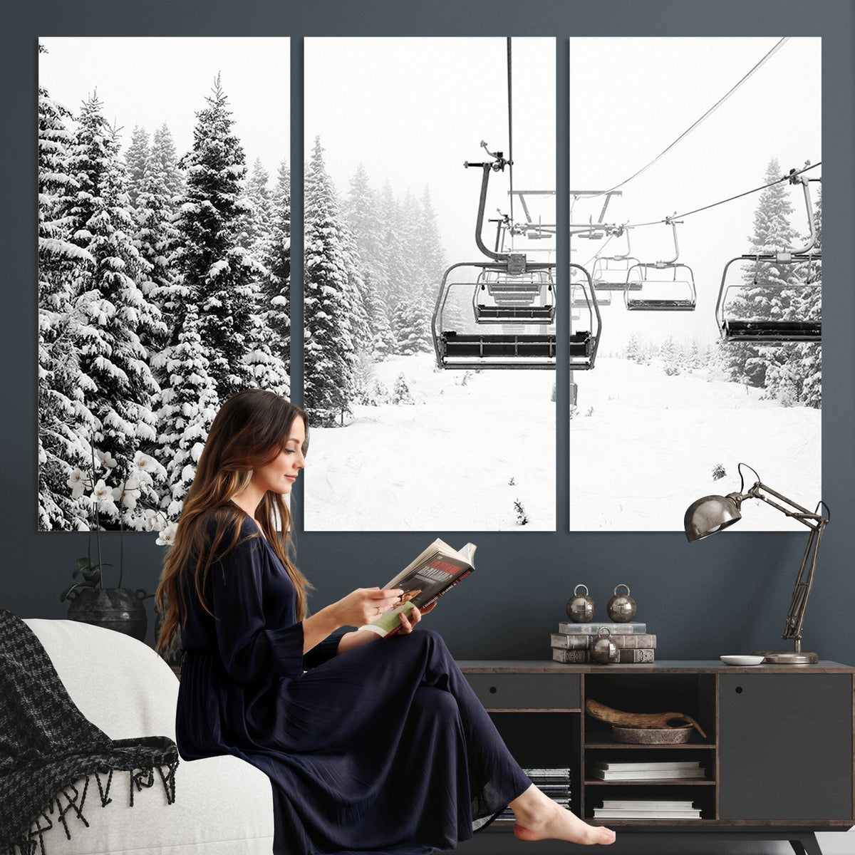 Ski Wall Art | Ski Lift Canvas Print with Snow Covered Spruce Trees, Winter Ski Resort Wall Art